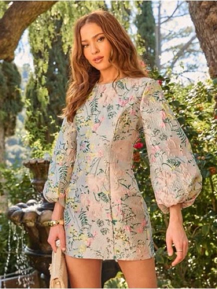 Mac Duggal Floral Jacquard Puff-Sleeve Mini Dress In Cream, Pink & Green